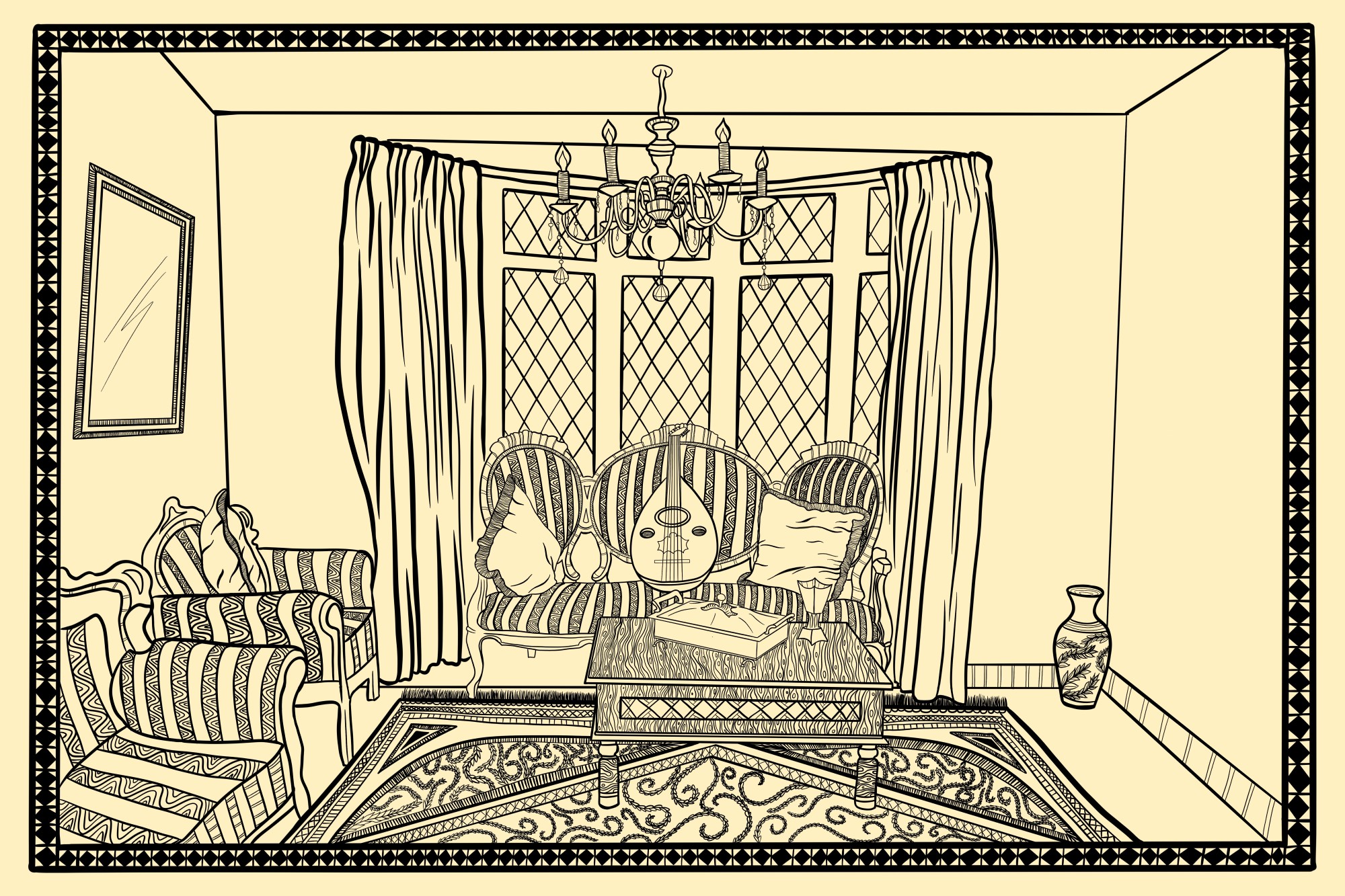 An illustration of a comforting, adorned living room. Two striped couches join together around a carpet and table. An oud among pillows on one couch.