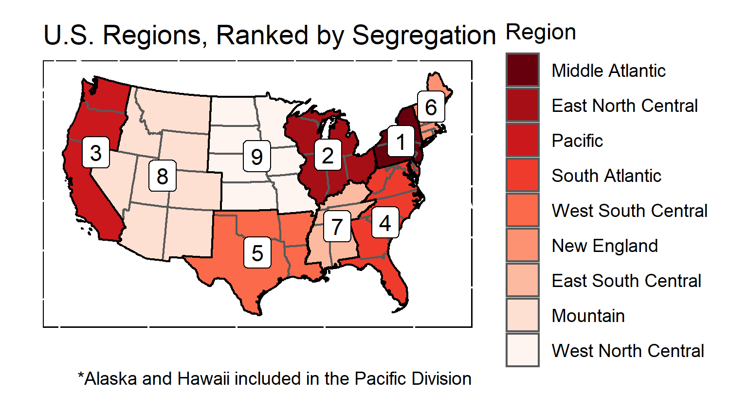 A map indicating the most and least segregated regions of the U.S.; the Middle Atlantic, Midwest, and Pacific Coast top the list. 