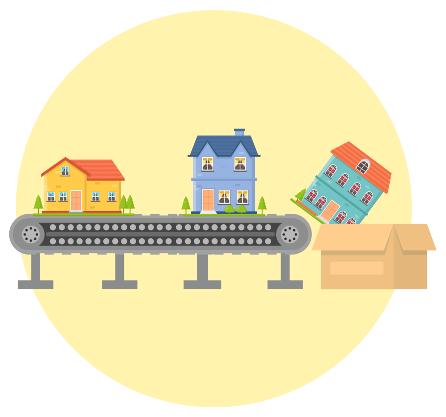 Illustration of houses on a conveyor belt getting dumped into a box