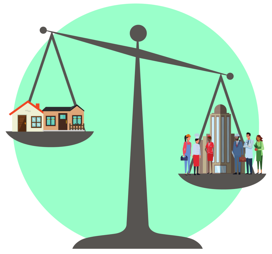 Illustration of a scale with a suburban house on one end, and urban developers on the other