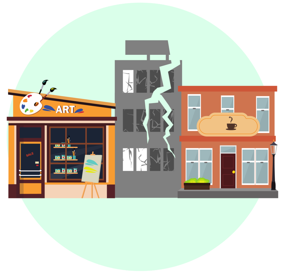 Illustration representing gentrification shows an upscale cafe and art lounge next to a dilapidated building