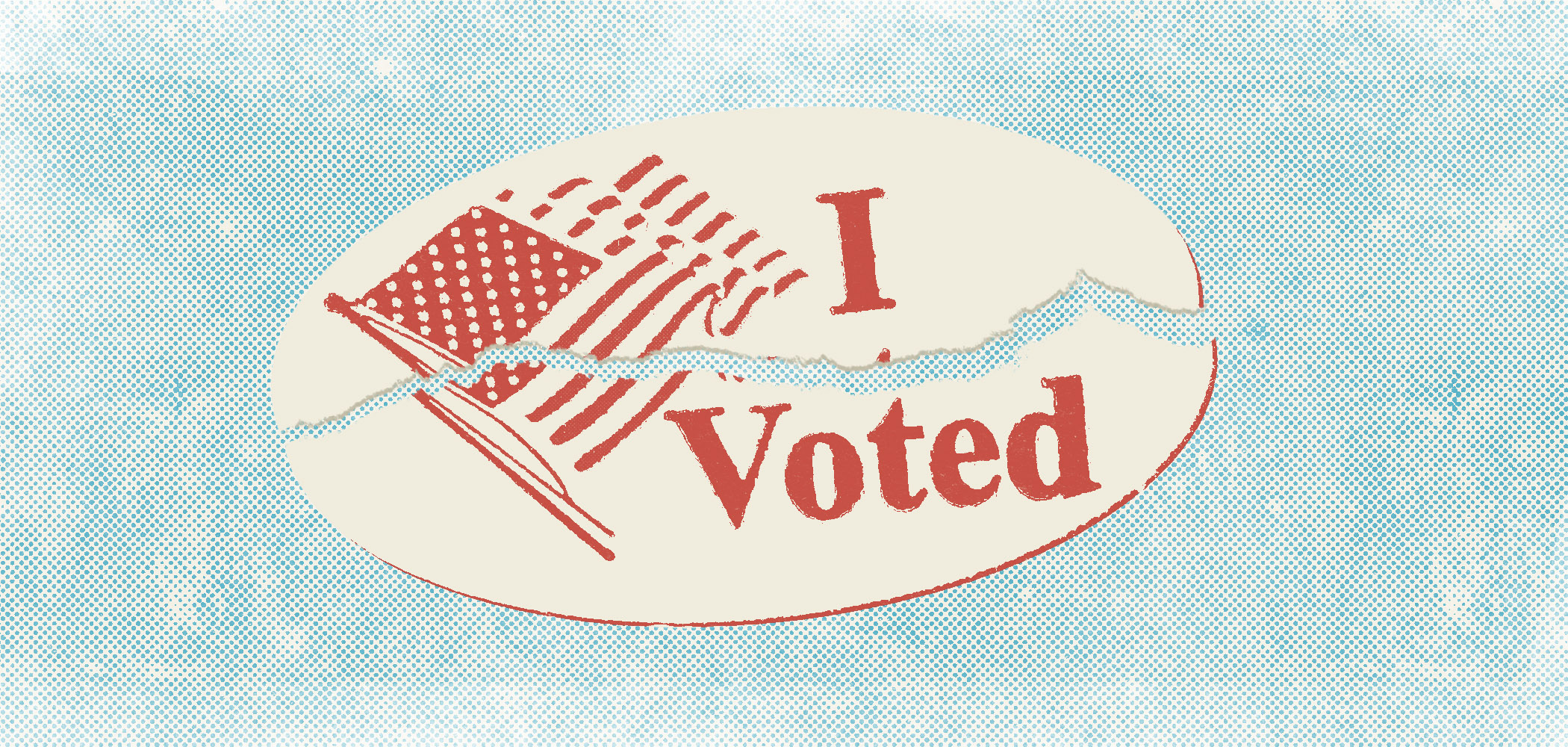 A torn "I Voted" sticker set in red on a blue halftone dotted background.
