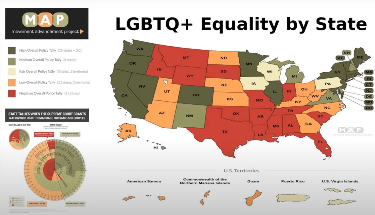 Map showing data on LGBTQ equality across the nation.