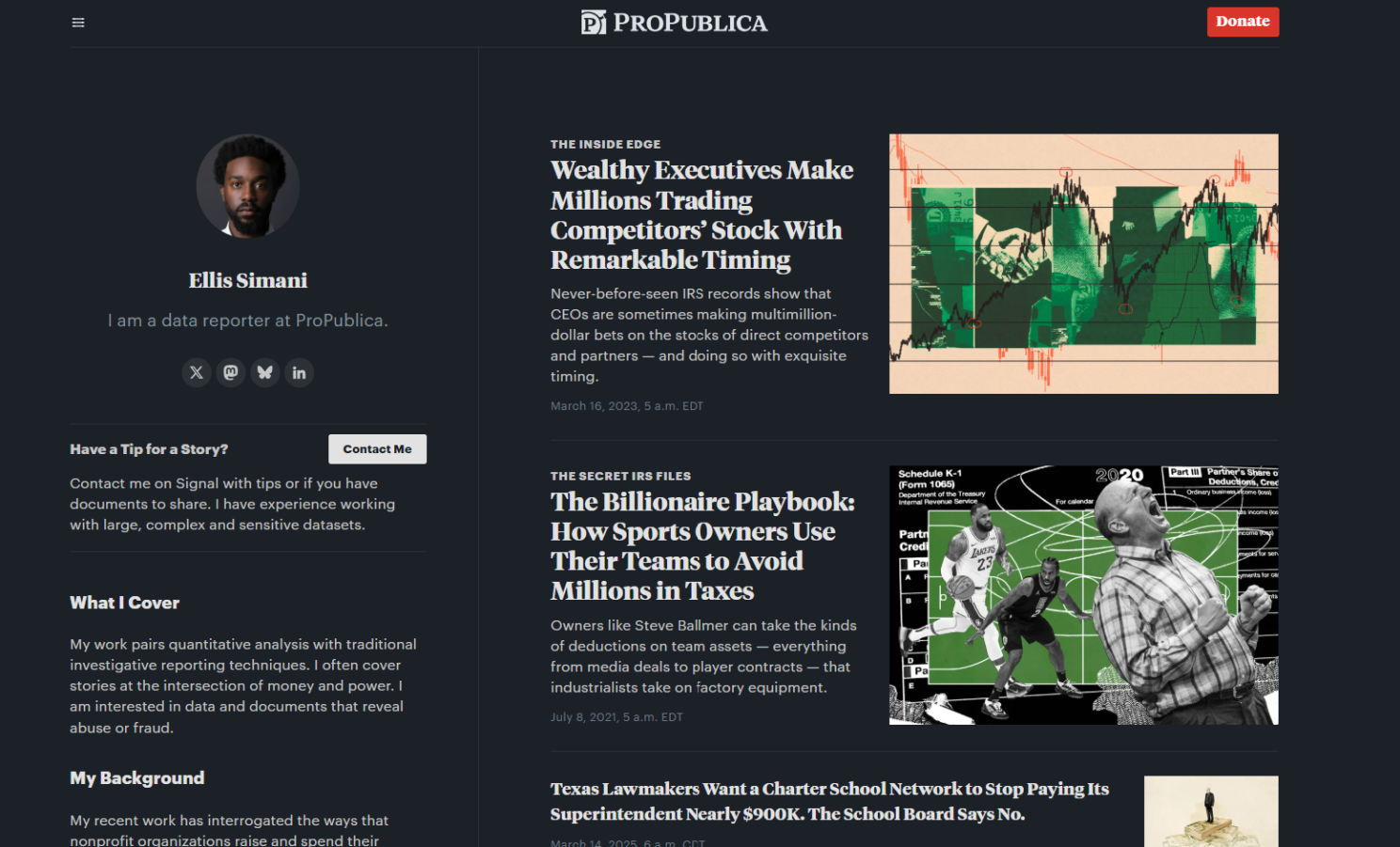 Screenshot of Ellis Simani's ProPublica profile website.