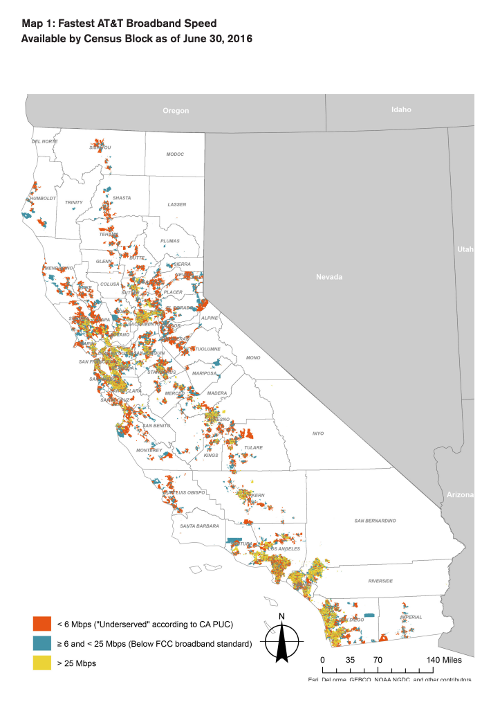 Map 1 showcases areas in California with the fastest AT&T broadband speed 