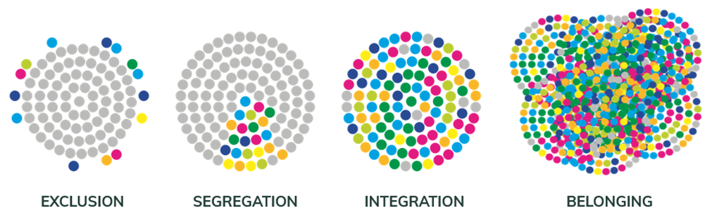 Image showing different pie charts representing belonging, inclusion, and exclusion