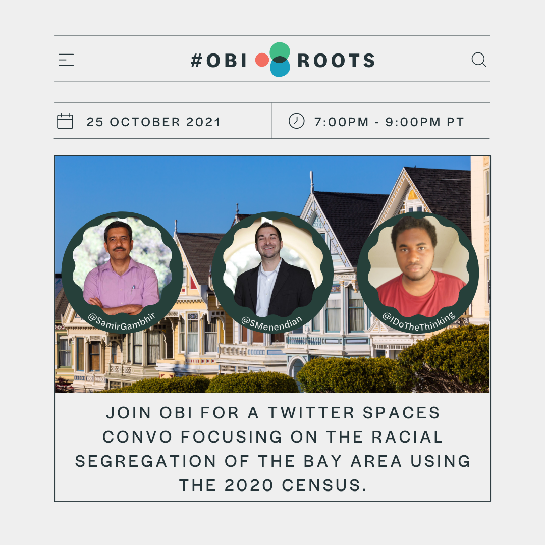 A social media promo featuring portraits of the three speakers hovering over images of San Francisco homes. Text reads "Join OBI for a Twitter Spaces Convo focusing on the racial segregation of the Bay Area using the 2020 Census."