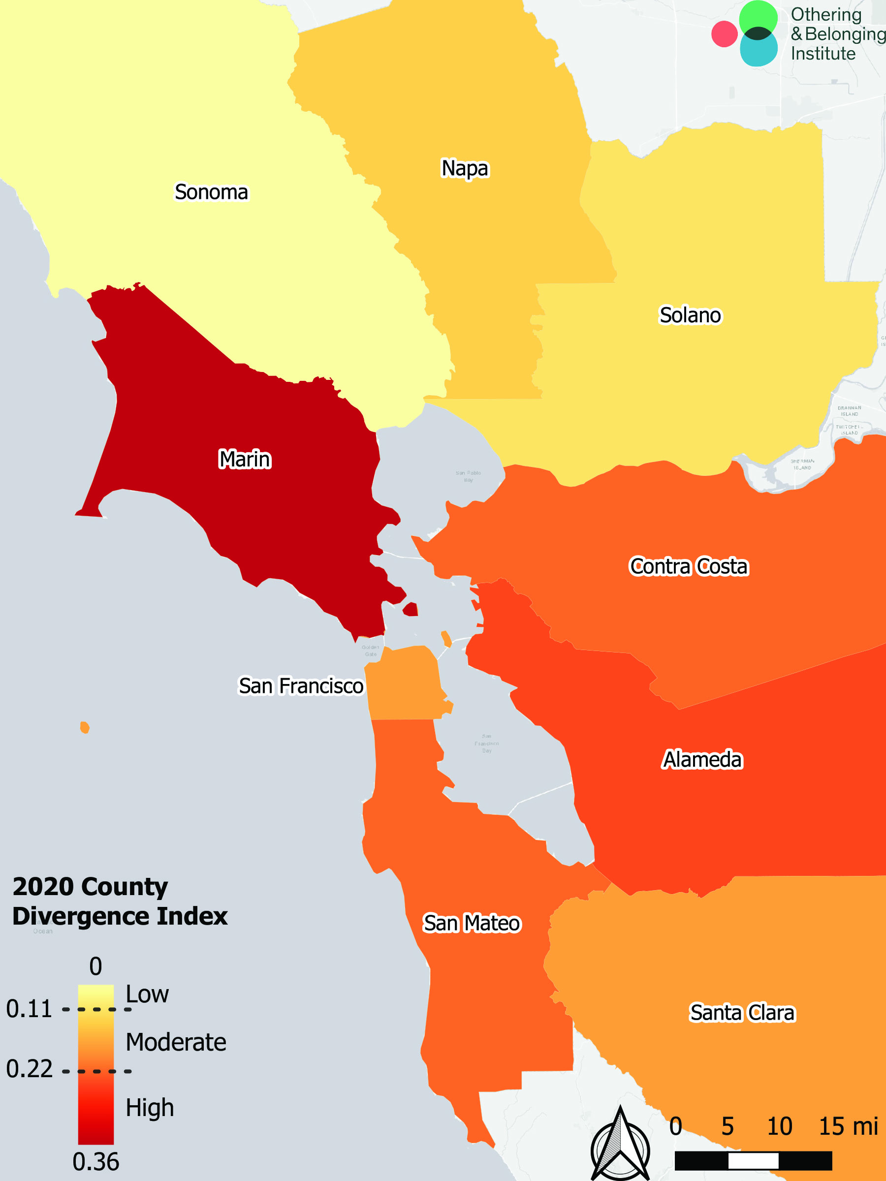 Divergence index levels for the Bay Area in 2020. Marin County ranks markedly higher in divergence compared to its nine county neighbors.