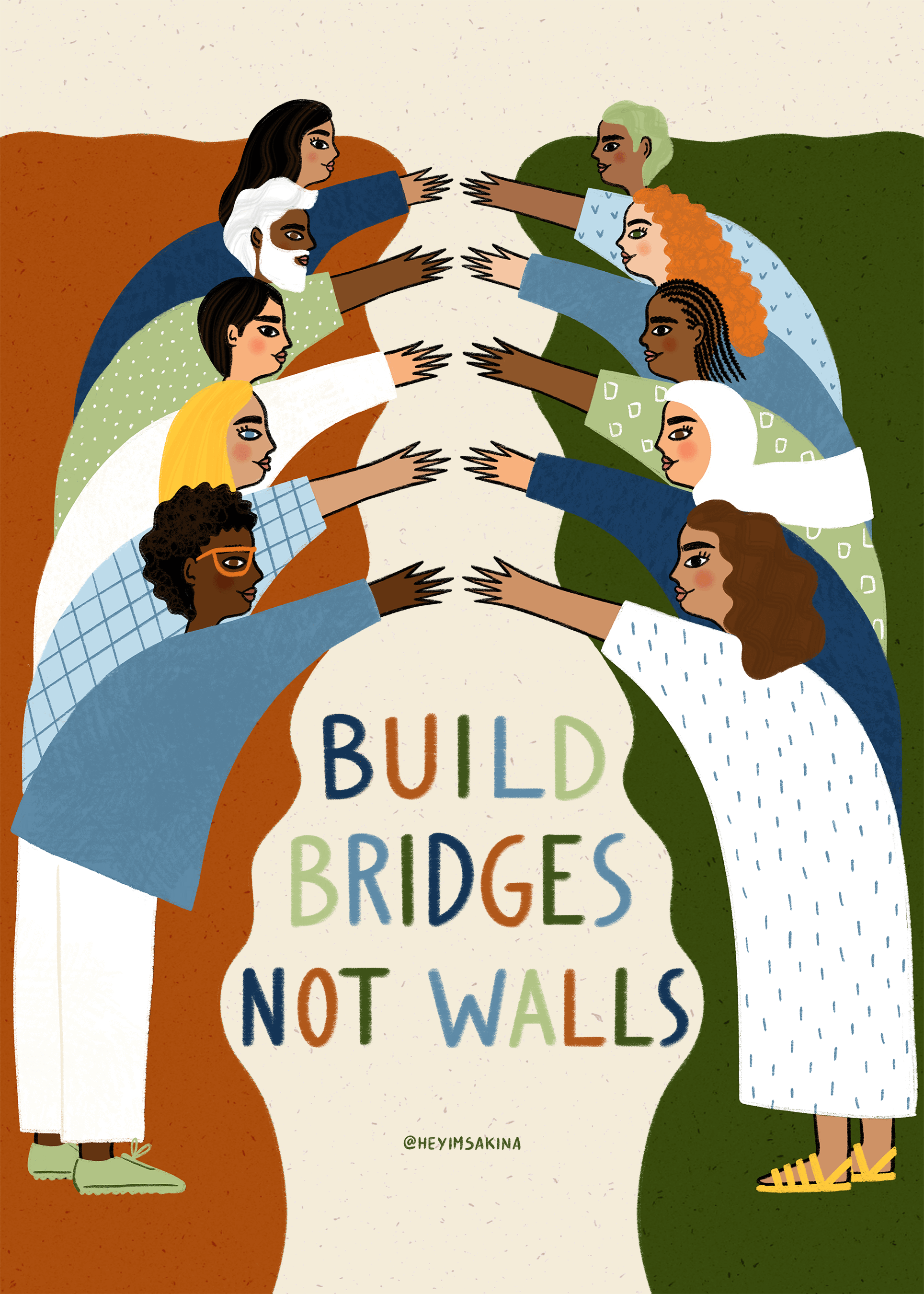 Illustration of a group of people stretching out to link hands over a gap. Big colorful text reads "Build Bridges, Not Walls."