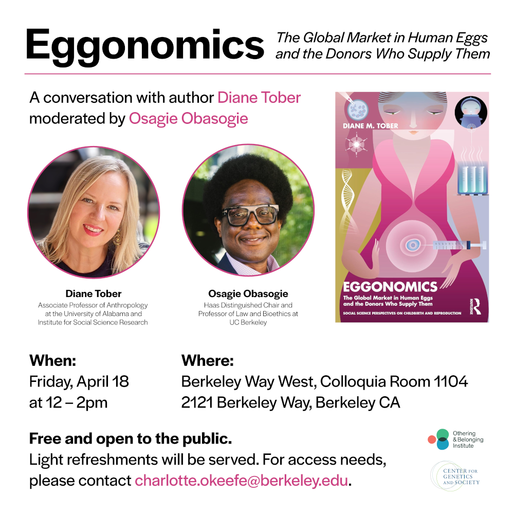 Eggonomics book talk graphic, with headshots of Diane Tober and Osagie Obasogie