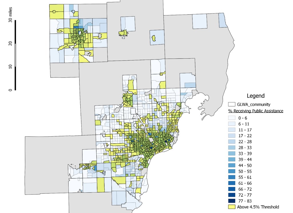 Figure 23 includes an infographic of Census Tracts by Percent Receiving Public Assistance and Above 4.5 percent RI Threshold