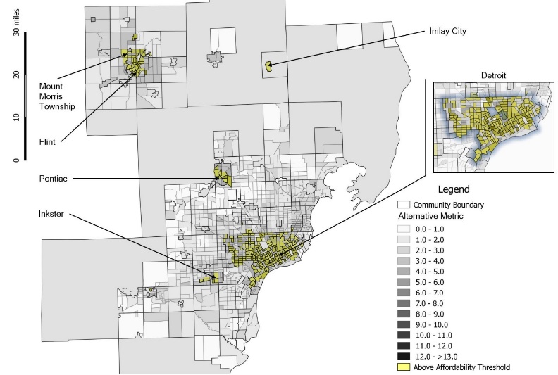 Figure 6 includes an infographic of Unaffordable areas for drinking and wastewater costs when using census tract MHI as an affordability threshold