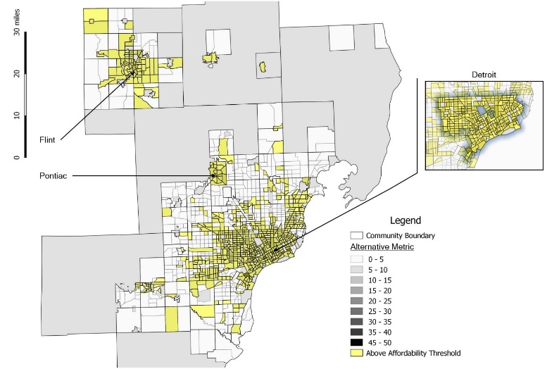 Figure 7 includes an infographic of Unaffordable areas for drinking and wastewater costs when using twentieth income percentile as an affordability threshold