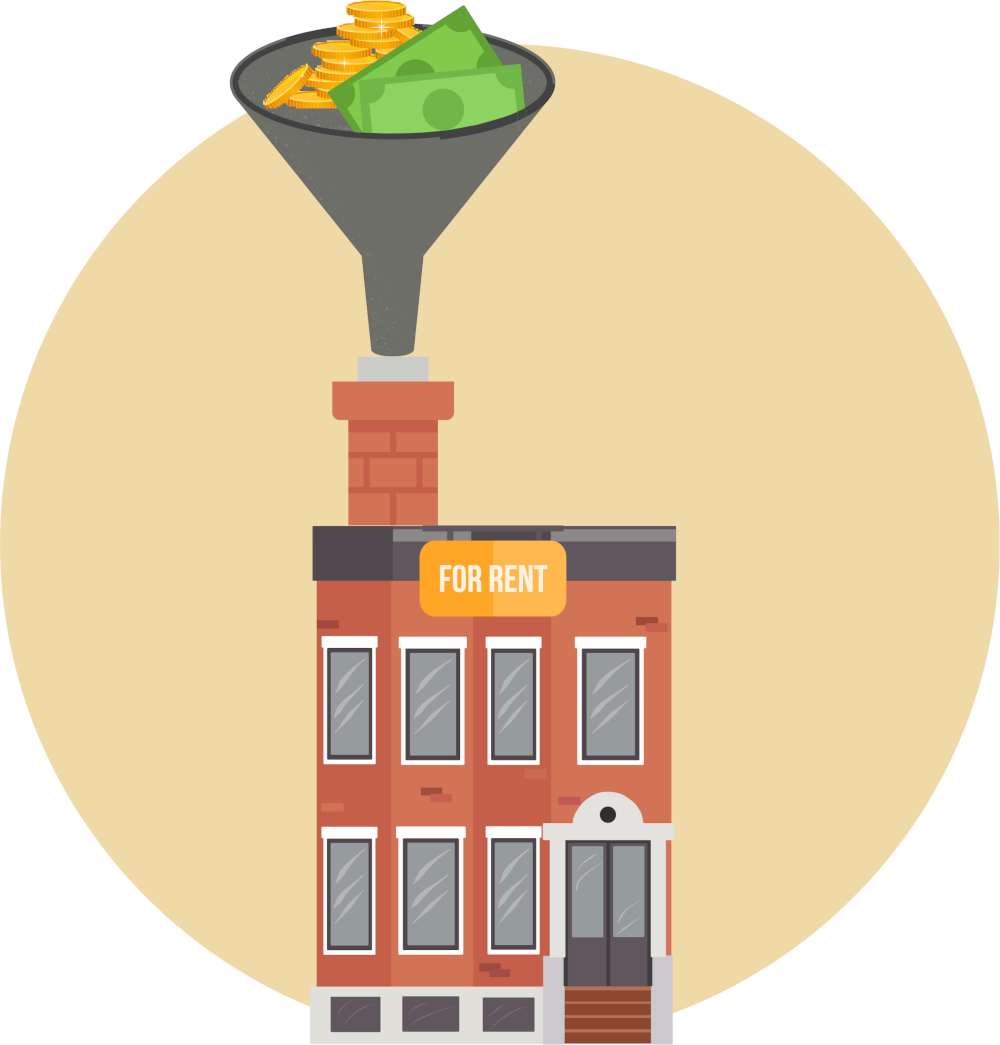 Illustration of a home for rent with a funnel at the top of the house and money pouring into it