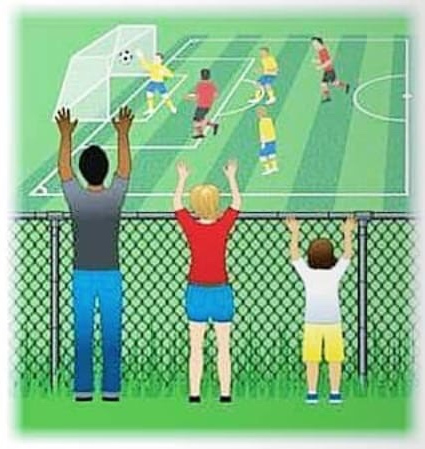 Illustration shows children of different heights watching a ball game through a chain-linked fence