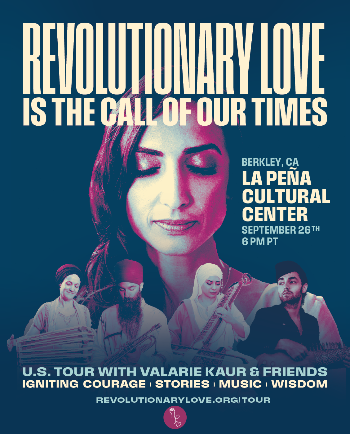 Dark blue digital flyer with Valarie Kaur's face in the foreground and various people from different cultural backgrounds displayed below her face.