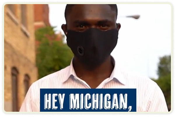 Video thumbnail of a masked Black man with the text "Hey Michigan" written below 