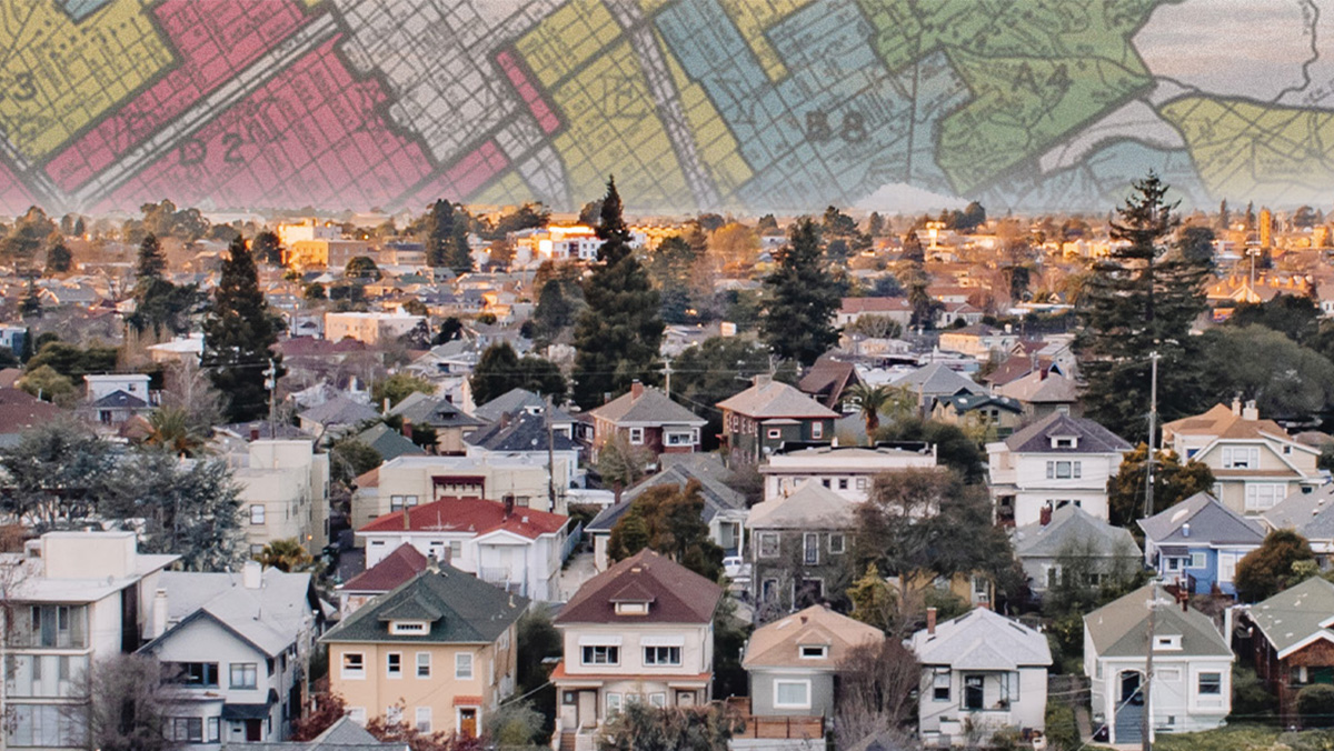 Image of Oakland skyline with HOLC redlining maps in background