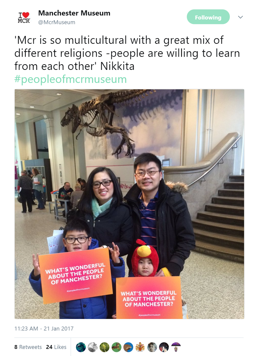 A screenshot of a twitter post from the Manchester Museum reading "'Mcr is so multicultural with a great mix of different religions - people are willing to learn from each other' -Nikkita." Below it, a family of four smiles.