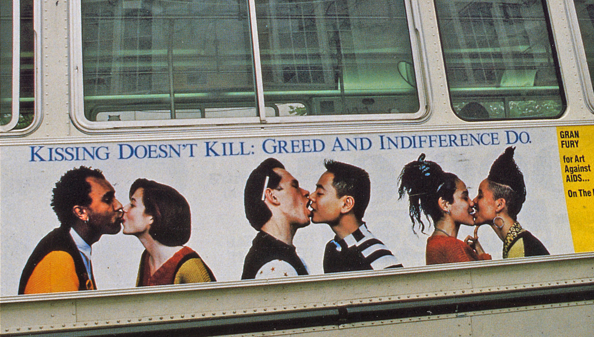 Gran Fury, Kissing Doesn’t Kill, Greed and Indifference Do (Muni Bus installation), ink on vinyl, 1990