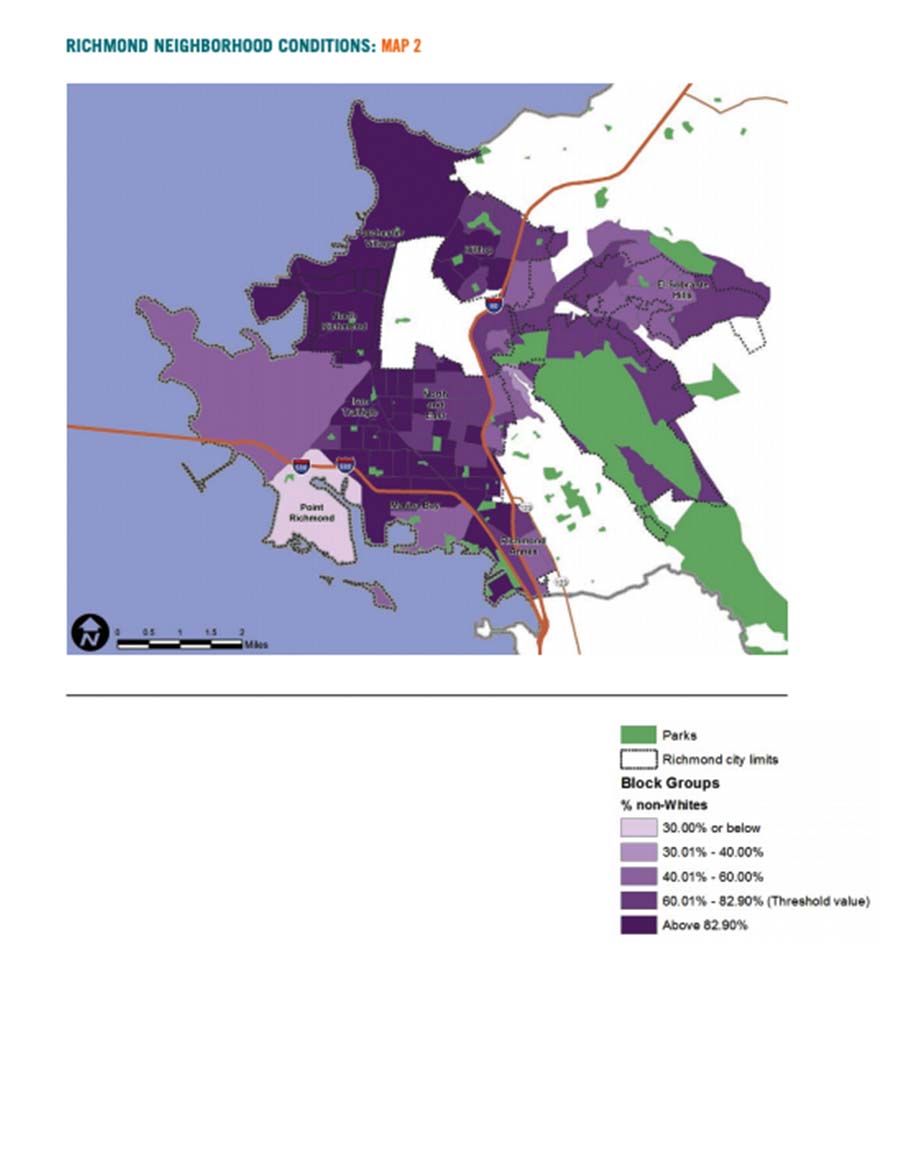 Map 2 displays Richmond neighborhood conditions based on communities of color population 