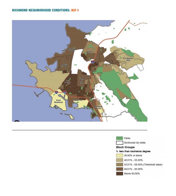 Map 4 displays the Richmond neighborhood conditions based on adult education attainment. 