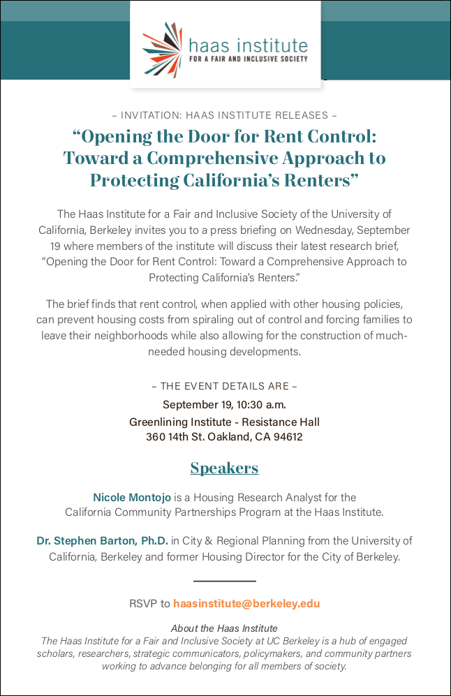 flier for the sept. 19 2018 rent control talk