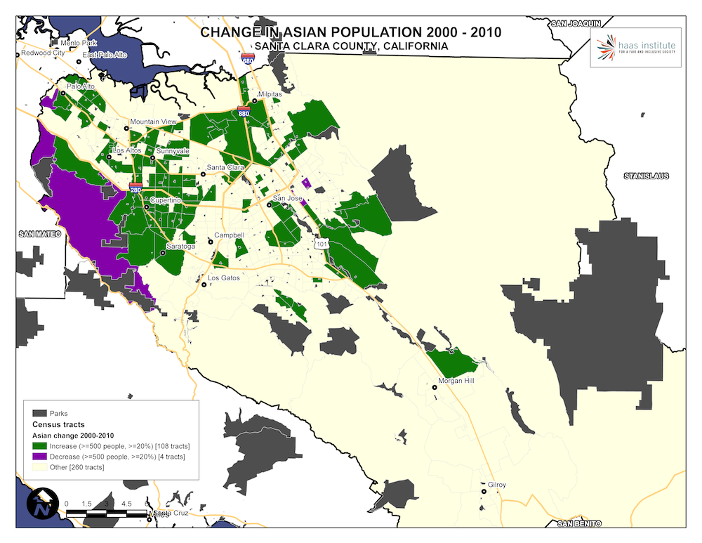 Map shows change in the Asian population in Santa Clara County from 2000 - 2010
