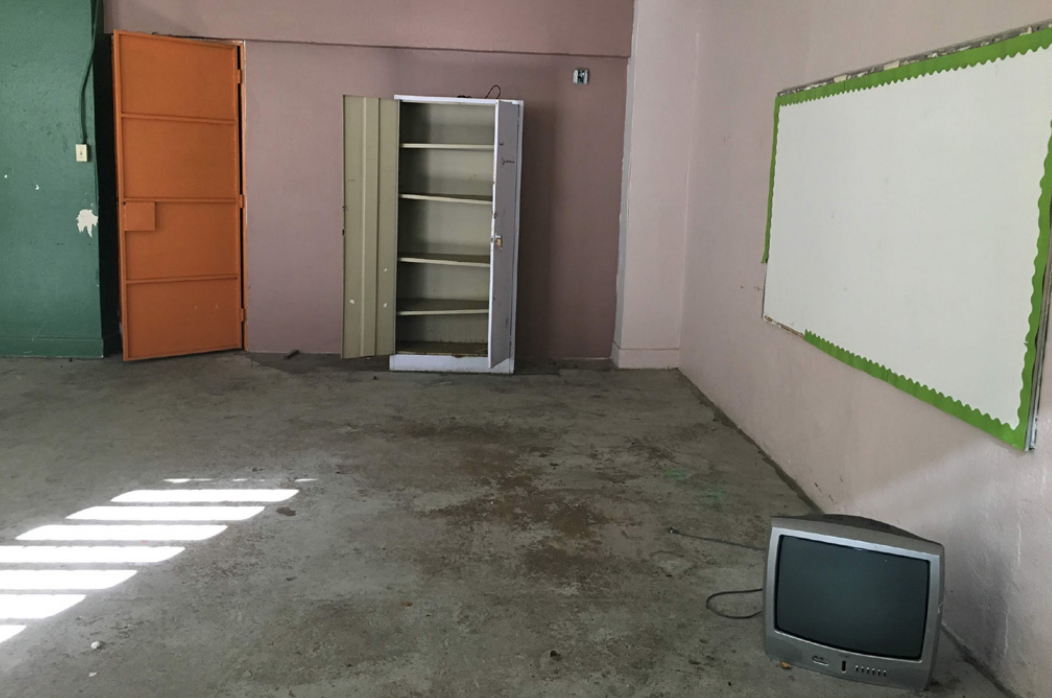 The Dr. Martin Grove Brumbaugh school in San Juan lies abandoned though structurally intact. The large inventory of empty schools has led some to demand that they be reopened in order to relocate students affected by schools left damaged by the earthquake