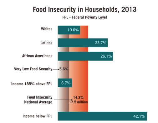 This infographic includes a graph showcasing the food insecurity in households, 2013, by federal poverty level 