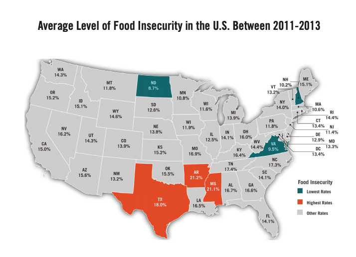 This infographic includes a map of the Average level of food insecurity in the between 2011-2013 