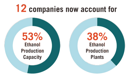 This infographic includes two diagrams that showcase that 12 companies now account for 53% ethanol production capacity and 38% ethanol production plants  