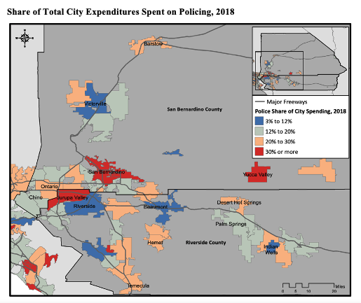 This infographic includes a map of the Share of Total City Expenditures Spent on Policing, 2018