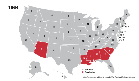 This infographic includes a map of the 1964 election results between Johnson and Goldwater 