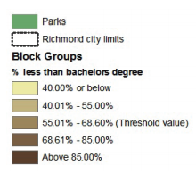 Map 4 showcases Richmond neighborhood conditions based on adult education attainment. 