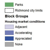 Map 13 showcases Richmond stages of gentrification based on housing market conditions 