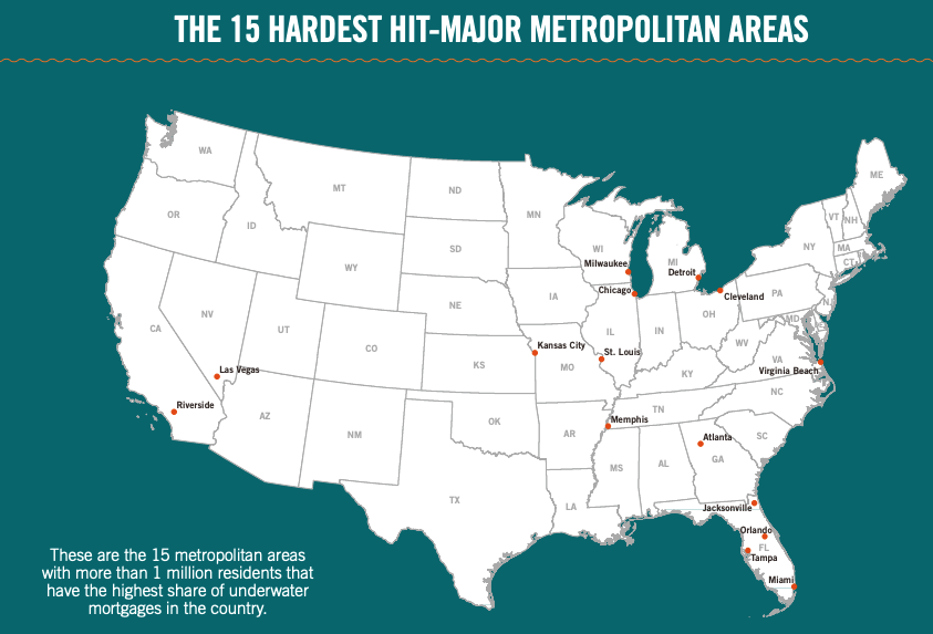 This infographic includes a map of the 15 hardest hit major metropolitan areas. These are the 15 metropolitan areas with more than 1 million residents that have the highest share of underwater mortgages in the country.
