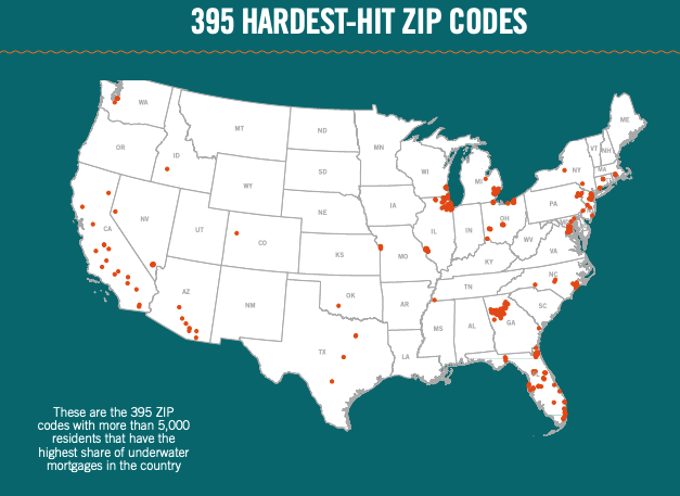 This infographic includes a map of the 395 hardest hit zip codes. These are the 395 zip codes with more than 5,000 residents that have the highest share of underwater mortgages in the country. 