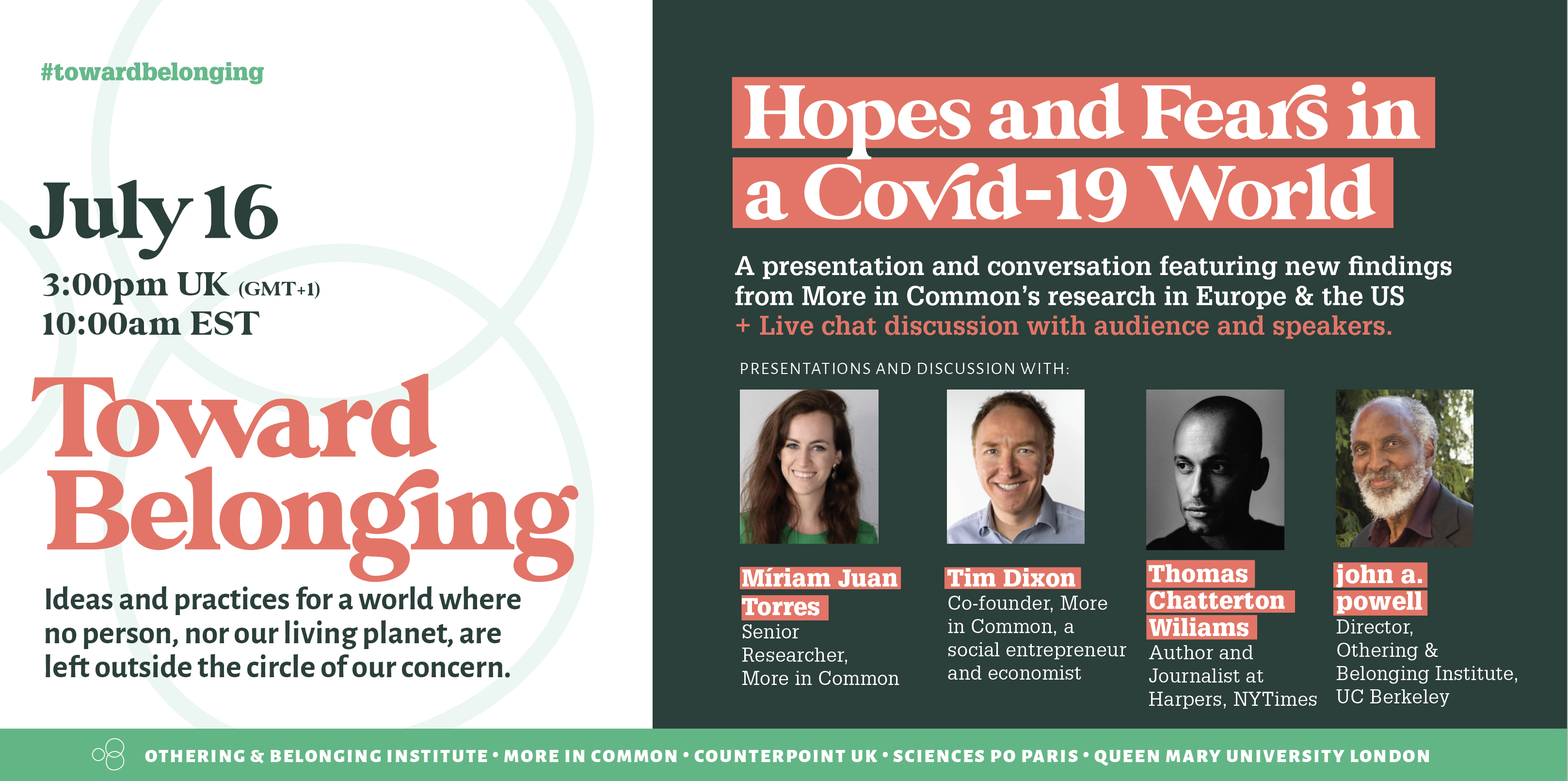 Dark green graphic with four headshots of speakers speaking on Toward Belonging July 16 event