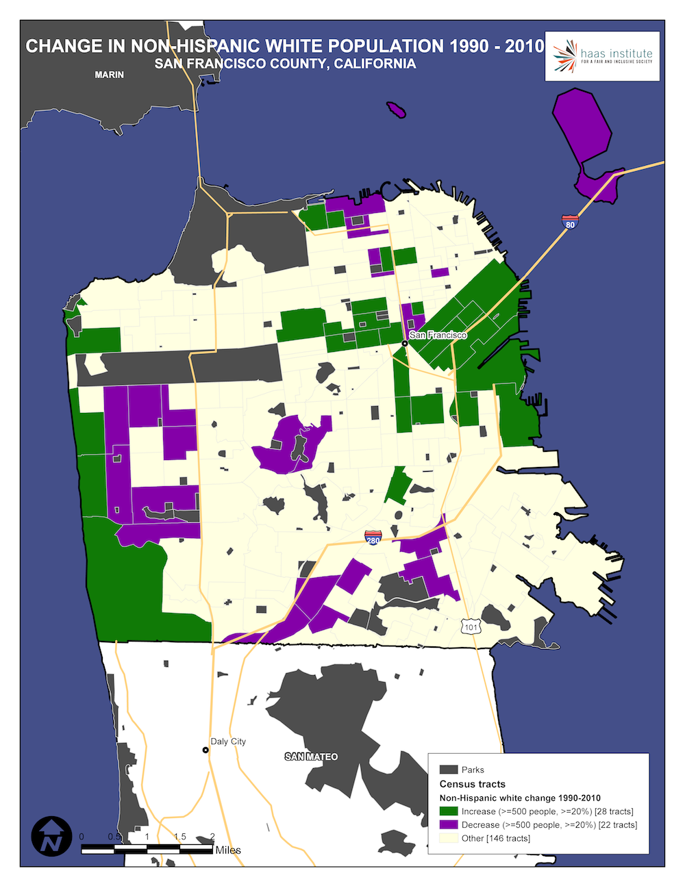 Map shows change in SF county white population from 1990 to 2010
