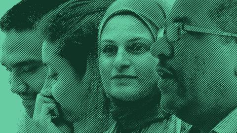A green tinted collage of four people: a Sudanese man, a woman wearing a hijab, and two people studying