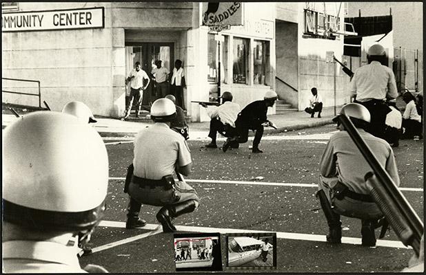 Riot police draw guns on residents during 1966 riots on 3rd Street. Photo: San Francisco History Center, SF Public Library 
