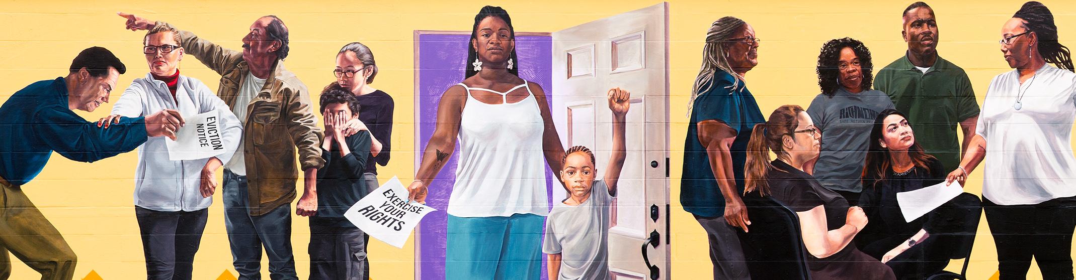 A public art mural painted in Richmond, California. The visible portion of the mural shows a Black mother and her child; she extends her hand to show a poster reading "Exercise your rights" while the child raises their fist. To the right of them, a Black woman speaks to a mixed race and gender group who listen intently. To the left is a family resisting eviction; a small child holds their hand to their face crying while the elder family members push away a landlord commandingly.