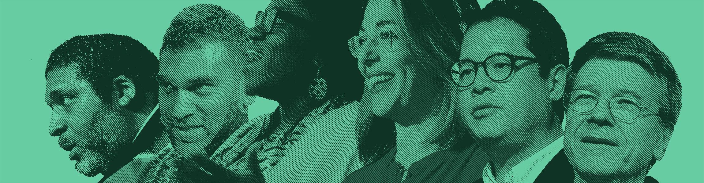 A green-tinted collage of six headshots of speakers across age, race, and gender