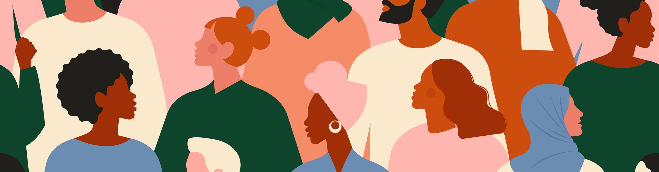 A flat, stylized illustration of many people of different races assembled; some have big curly hair, some have hair tied up, some wear hijabs and headdresses, while other have beards and short hair.
