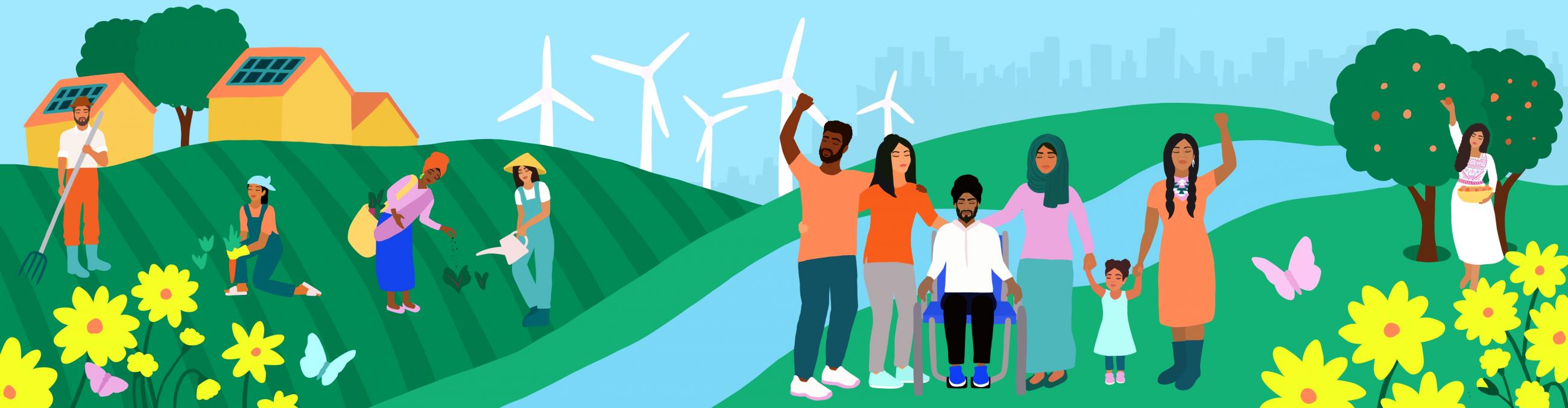 Illustration of an ideal world of justice: a multi-generational, multi-racial family gathers, some with raised fists. Around them, a flourishing hillside is farmed, a stream passes behind them, wind turbines turn behind them, and so on.