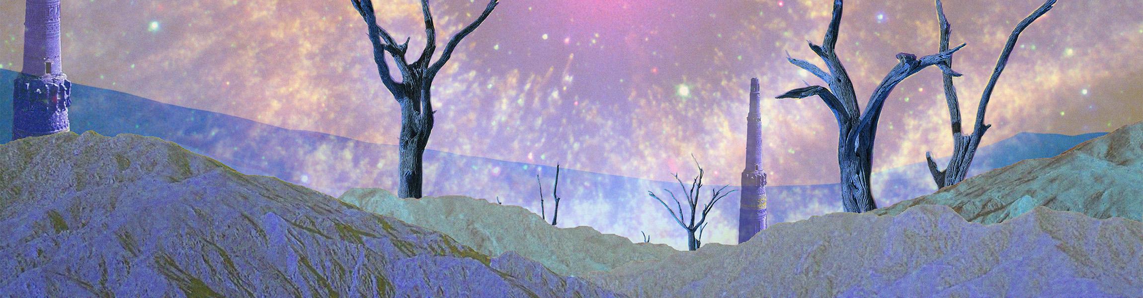 Digital collage of an arid, mountainous landscape meeting a glowing, starry sky. Large dead trees and obelisks reach for the sky.