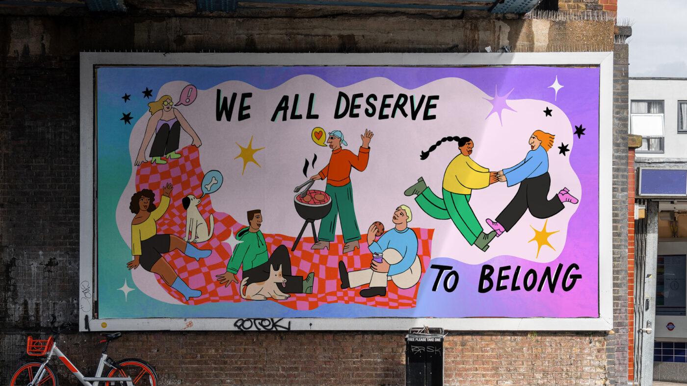 Photo of a illustration of a diverse group of people having a good time with the words "We all deserve to belong." Credit: Artwork by Nina Yagual for Amplifier.org and Belonging Begins with Us
