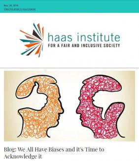 An image grab from an enews issue from November 28 shows the Haas Institute logo at the top with an illustration of two heads, one colors orange and the other red, staring at each other 