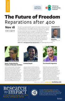 Flier showing the headshots of panelists at the event on reparations happening nov. 18 2020